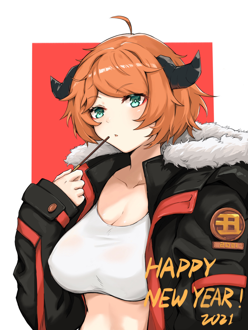 1girl 2020 absurdres ahoge aqua_eyes arknights bangs black_jacket breasts chinese_commentary cleavage collarbone commentary_request croissant_(arknights) crop_top eyebrows_visible_through_hair food fur-trimmed_jacket fur_trim hand_up happy_new_year highres holding holding_food horns jacket lanming large_breasts long_sleeves midriff new_year no_hat no_headwear orange_hair parted_lips pocky shirt short_hair solo stomach upper_body white_shirt