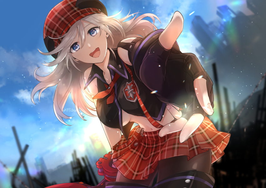 1girl :d alisa_ilinichina_amiella bangs bare_shoulders black_footwear black_legwear black_vest blue_eyes blue_sky blush boots breasts building cabbie_hat cloud collared_vest commentary cowboy_shot crop_top diffraction_spikes elbow_gloves eyebrows_visible_through_hair fingerless_gloves gloves god_eater god_eater_burst hair_between_eyes hat highres holding holding_sword holding_weapon huge_weapon large_breasts long_hair looking_at_viewer midriff navel neck_ribbon open_mouth outdoors pantyhose plaid plaid_headwear pleated_skirt reaching_out red_headwear red_neckwear red_skirt ribbon ruins sidelocks silver_hair skirt sky skyscraper smile solo standing sunrise suspender_skirt suspenders suspenders_slip sword thigh_boots thighhighs torayama_(mps2nd) twitter_username underboob upper_teeth vest weapon