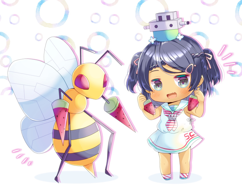 1girl :d bare_arms bare_shoulders beedrill black_hair blush braid chibi commentary_request crossover dress fang food gen_1_pokemon grey_eyes hair_ornament hair_ribbon hairclip highres holding holding_food kantai_collection kouu_hiyoyo looking_at_viewer mole mole_under_eye notice_lines open_mouth pink_ribbon pokemon pokemon_(creature) popsicle ribbon sailor_collar sailor_dress scirocco_(kancolle) shadow sleeveless sleeveless_dress smile standing star_(symbol) star_hair_ornament striped striped_neckwear two_side_up watermelon_bar white_background white_dress white_sailor_collar