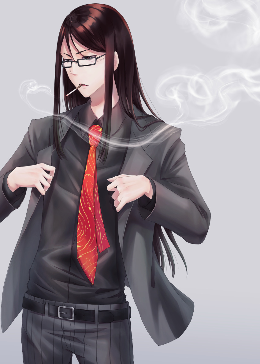 1boy absurdres belt black-framed_eyewear brown_eyes brown_hair cigarette commentary_request fate/grand_order fate_(series) formal glasses grey_background highres long_hair lord_el-melloi_ii male_focus necktie red_neckwear simple_background smoke smoking solo suit tobi_(pixiv41237754) waver_velvet