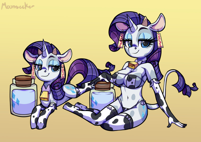 2021 absurd_res animal_print anthro armwear blue_eyes clothing cow_print cowbell cutie_mark digital_media_(artwork) eyebrows eyelashes eyeshadow fan_character female feral fingers friendship_is_magic hasbro hi_res horn legwear makeup mammal my_little_pony navel nipple_outline raricow_(mlp) rarity_(mlp) simple_background sketchy_skylar