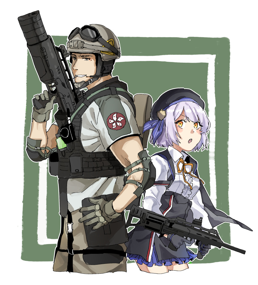 1boy 1girl absurdres back-to-back beret breasts character_request frilled_shirt frilled_skirt frills girls_frontline gloves hat highres medium_breasts rainbow_six_siege sanso_(kasyawamoti) shirt short_hair silver_hair six12 six12_(girls_frontline) skirt yellow_eyes