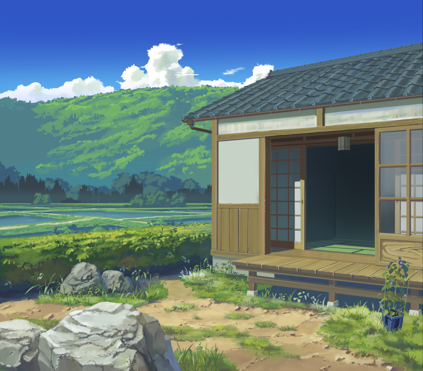 absurdres blue_sky building cumulonimbus_cloud day gingham_vest grass highres landscape mountainous_horizon no_humans original outdoors plant porch potted_plant rice_paddy rock rural scenery sky sliding_doors summer