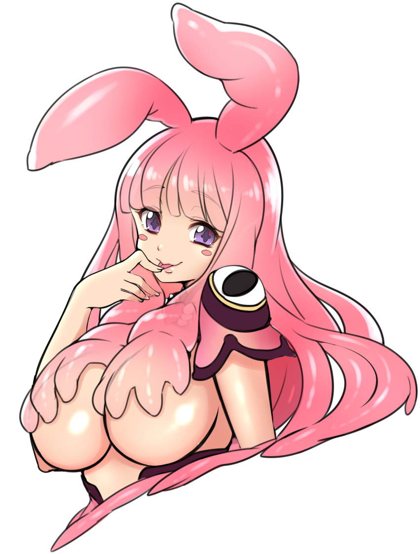 1girl :p absurdres animal_ears blush_stickers breasts bunny_ears finger_to_mouth highres kosumo large_breasts long_hair looking_at_viewer melona pink_hair prehensile_hair purple_eyes queen's_blade shiny shiny_skin smile solo symbol-shaped_pupils tongue tongue_out upper_body white_background