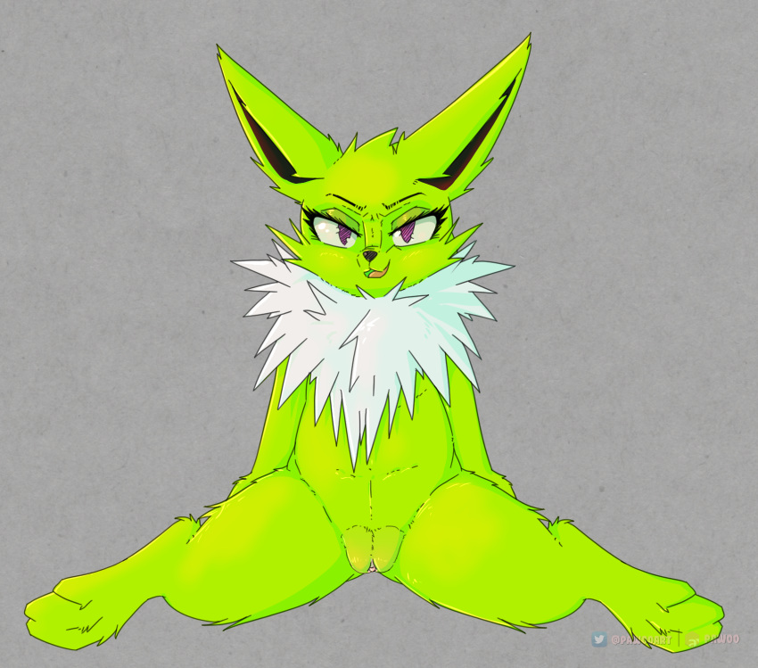 digital_media_(artwork) eeveelution eyelashes female feral fur genitals hi_res jolteon looking_at_viewer mammal nintendo nude open_mouth pawoo pok&eacute;mon pok&eacute;mon_(species) presenting pussy simple_background smile solo spread_legs spreading video_games yellow_body yellow_fur