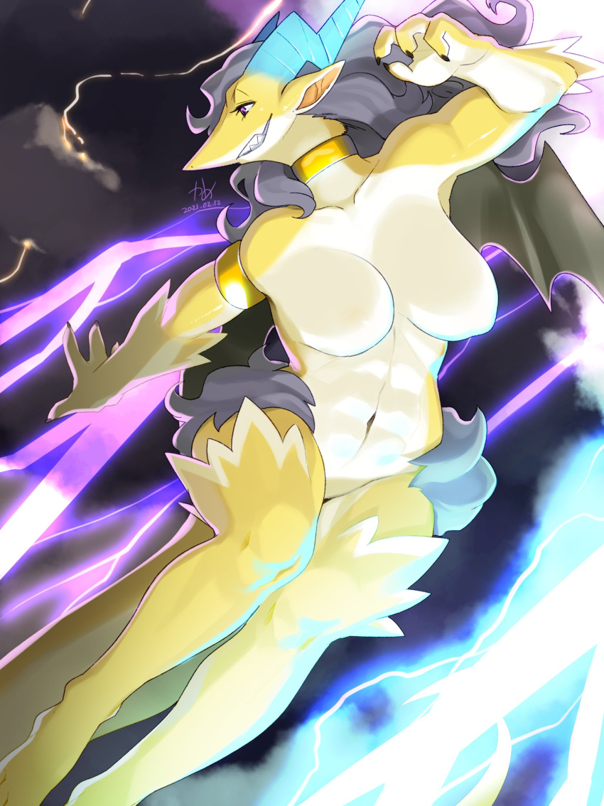 absurd_res anthro breasts dragon featureless_breasts female fur hair hi_res i_was_banished_from_the_party_and_became_the_leader_of_the_strongest_female_dragon_party! kame_3 nude smile solo thunder_dragon_(kame_3) wings