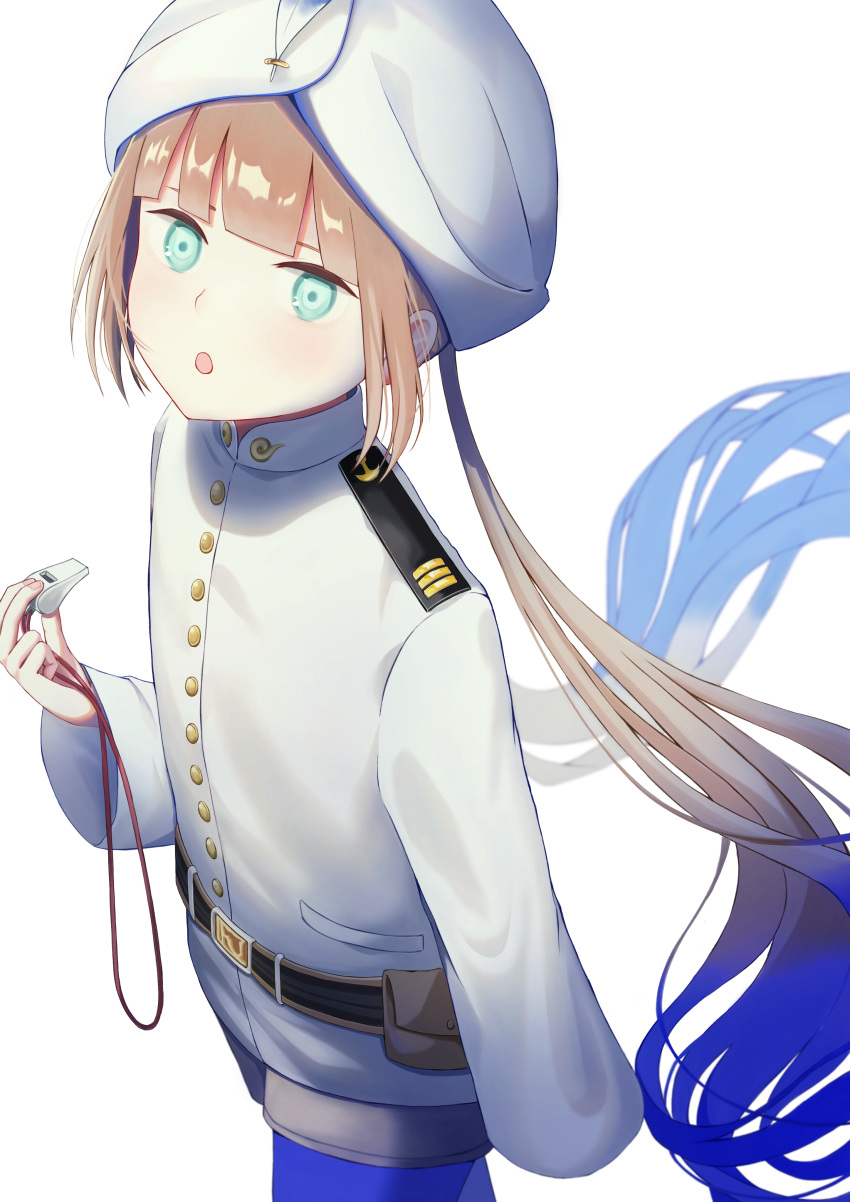 1boy absurdres bangs blue_eyes blue_hair blue_legwear blunt_bangs brown_hair captain_nemo_(fate) commentary_request eyebrows_behind_hair fate/grand_order fate_(series) gradient_hair hat hat_feather highres long_hair long_sleeves multicolored_hair nemo_series_(fate) open_mouth pantyhose tobi_(pixiv41237754) turban twintails uniform very_long_hair whistle