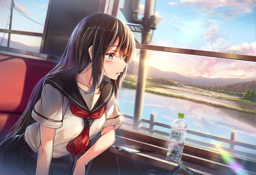 1girl bangs between_breasts black_eyes black_hair blue_collar blush bottle breasts cellphone cloud collar collarbone earbuds earphones eyebrows_visible_through_hair leaning_forward lens_flare long_hair original phone pleated_skirt power_lines red_neckwear school_uniform serafuku short_sleeves sidelocks sitting skirt sky solo sunset water water_bottle wingheart