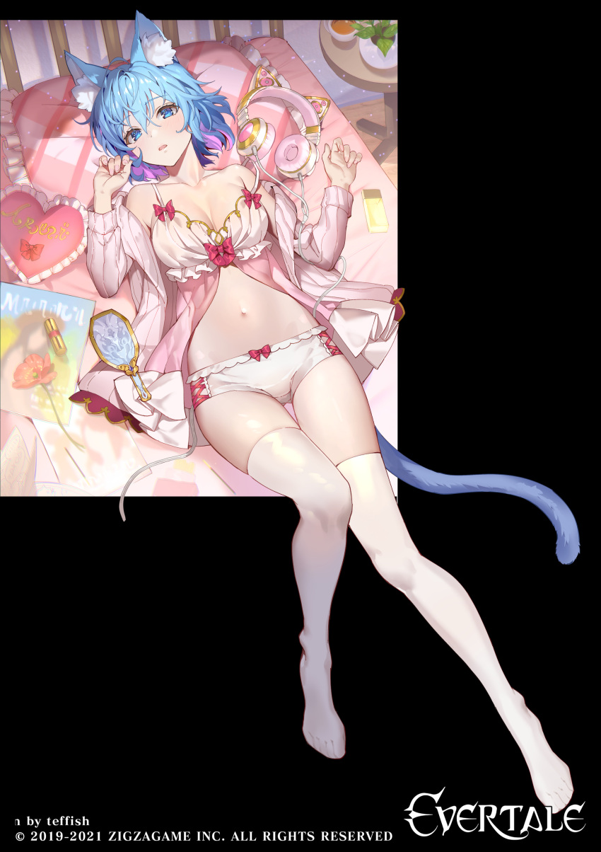 1girl absurdres animal_ear_fluff animal_ears axent_wear babydoll bare_shoulders bed bloomers blue_eyes blue_hair breasts cat_ear_headphones cat_ears cat_girl cat_tail cleavage collarbone colored_inner_hair evertale full_body grey_jacket hands_up headphones heart heart_pillow highres jacket large_breasts lingerie long_sleeves looking_at_viewer lying midriff mirror multicolored_hair navel no_shoes off_shoulder official_art on_back on_bed open_clothes open_jacket open_mouth outside_border pillow short_hair solo spaghetti_strap stomach tail teffish thighhighs thighs underwear white_bloomers white_legwear