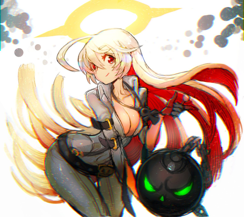 1girl bangs breasts cleavage guilty_gear halo highres jack-o'_valentine long_hair looking_at_viewer multicolored_hair red_eyes white_hair yohane_shimizu