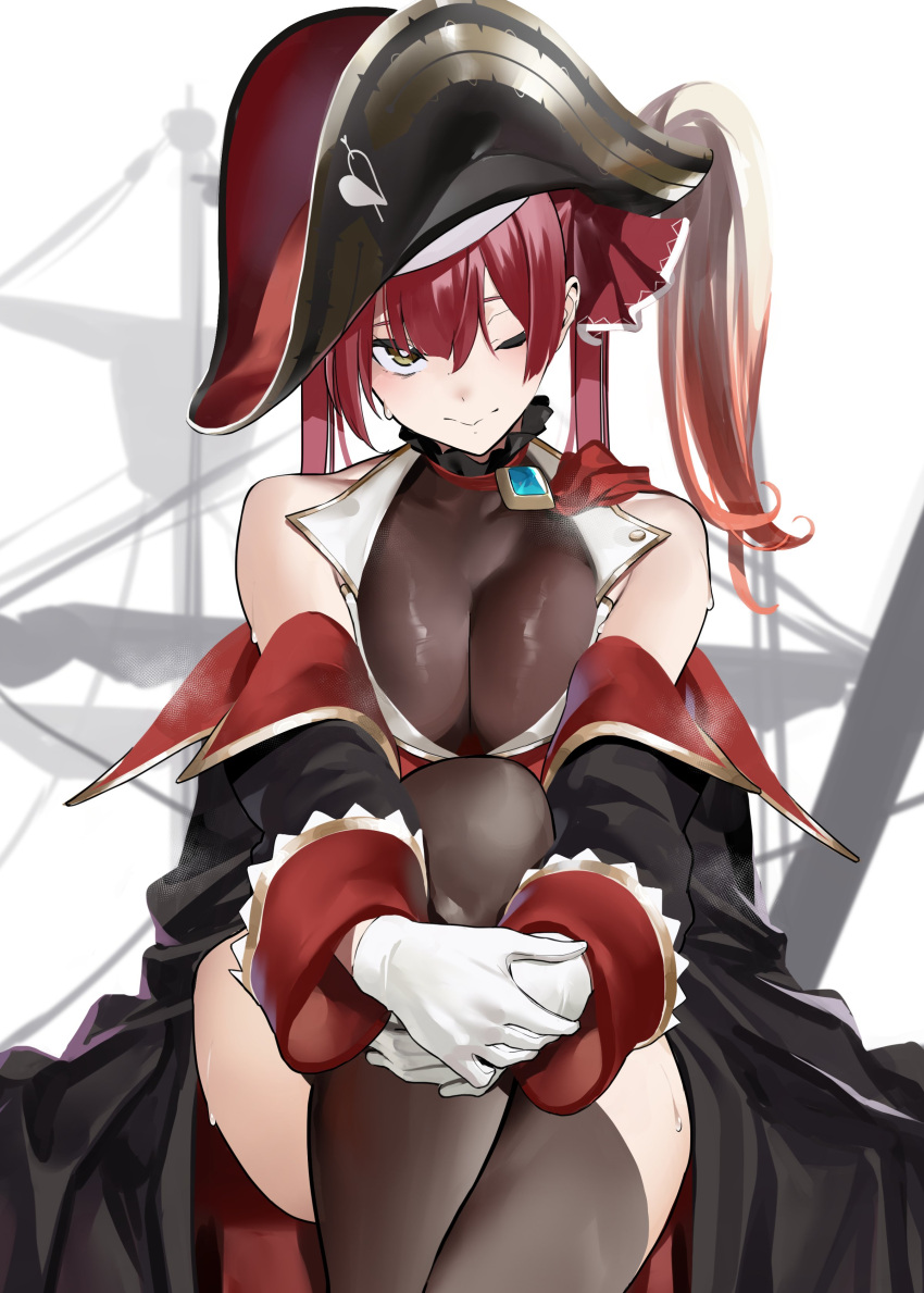 1girl ;&gt; absurdres ascot bare_shoulders black_coat black_headwear black_legwear breasts bright_pupils brooch cleavage coat collarbone eyebrows_behind_hair feet_out_of_frame gold_trim hat highres holding_leg hololive houshou_marine jewelry jikatarou knee_up large_breasts light_blush long_hair looking_at_viewer off_shoulder pirate_hat pirate_ship red_neckwear see-through sitting solo thighhighs twintails white_background white_pupils yellow_eyes