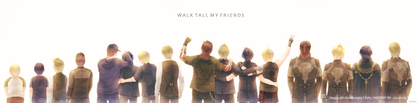 4boys age_progression anniversary back black_hair black_jacket blonde_hair brown_hair final_fantasy final_fantasy_xv fingerless_gloves from_behind gladiolus_amicitia gloves hat highres hood hoodie ignis_scientia jacket long_image mocha_(tbc7500) multiple_boys multiple_persona noctis_lucis_caelum prompto_argentum side-by-side sleeveless spiked_hair tattoo vest wide_image