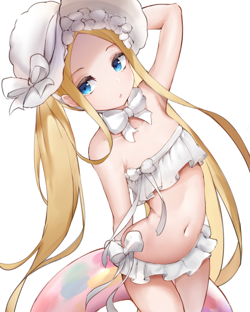 1girl abigail_williams_(fate) abigail_williams_(swimsuit_foreigner)_(fate) absurdres akaridreaming arm_behind_head bangs bare_shoulders bikini blonde_hair blue_eyes bonnet bow breasts fate/grand_order fate_(series) forehead hair_bow highres innertube long_hair looking_at_viewer miniskirt navel open_mouth parted_bangs sidelocks simple_background skirt small_breasts swimsuit thighs twintails very_long_hair white_bikini white_bow white_headwear