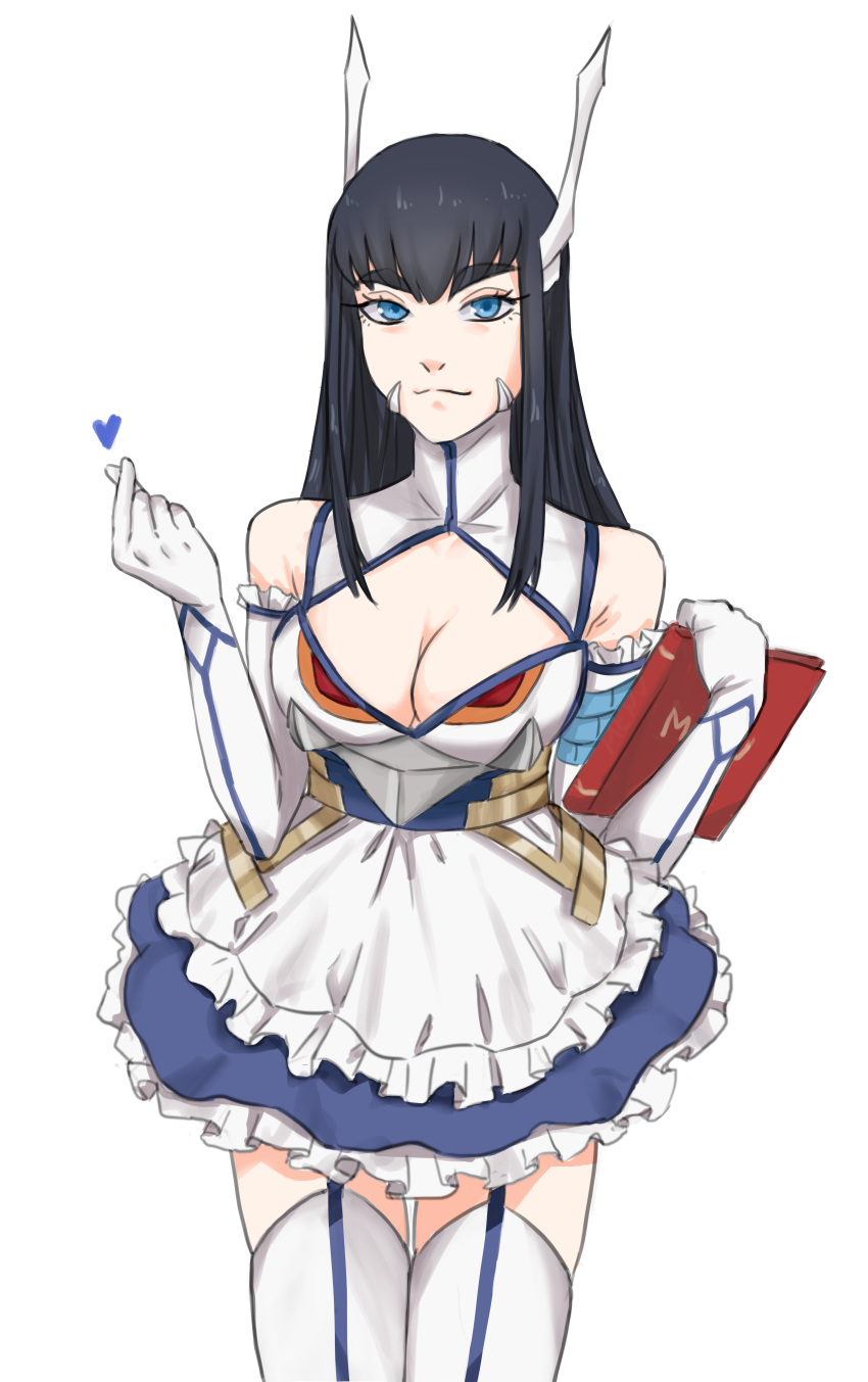 1girl absurdres adapted_costume apron black_hair blue_eyes breasts cleavage cleavage_cutout clothing_cutout elbow_gloves eyeliner finger_heart gloves hair_ornament heart highres junketsu kill_la_kill kiryuuin_satsuki large_breasts long_hair looking_at_viewer makeup solo thick_eyebrows thighhighs urustam w_arms waist_apron waitress white_gloves white_legwear zettai_ryouiki