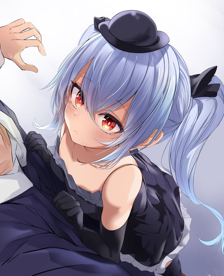 1boy 1girl bangs bare_shoulders black_gloves black_headwear black_legwear black_ribbon blue_hair blush closed_mouth dress elbow_gloves eyebrows_visible_through_hair flat_chest frilled_dress frills gloves granblue_fantasy hair_between_eyes hair_ribbon hands_on_another's_chest hat highres leaning_on_person long_hair looking_at_another looking_up mamezou_(tzakki023) orchis red_eyes ribbon simple_background solo_focus thighhighs twintails