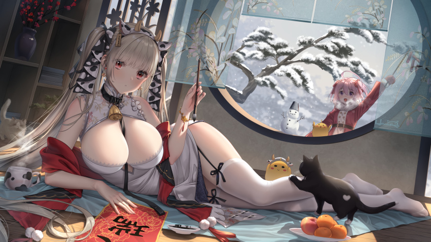 aliasing animal animal_ears anthropomorphism azur_lane breasts cat chinese_clothes chinese_dress cleavage cowgirl dress food formidable_(azur_lane) fruit haneru headband horns long_hair saratoga_(azur_lane) stockings tagme thighhighs