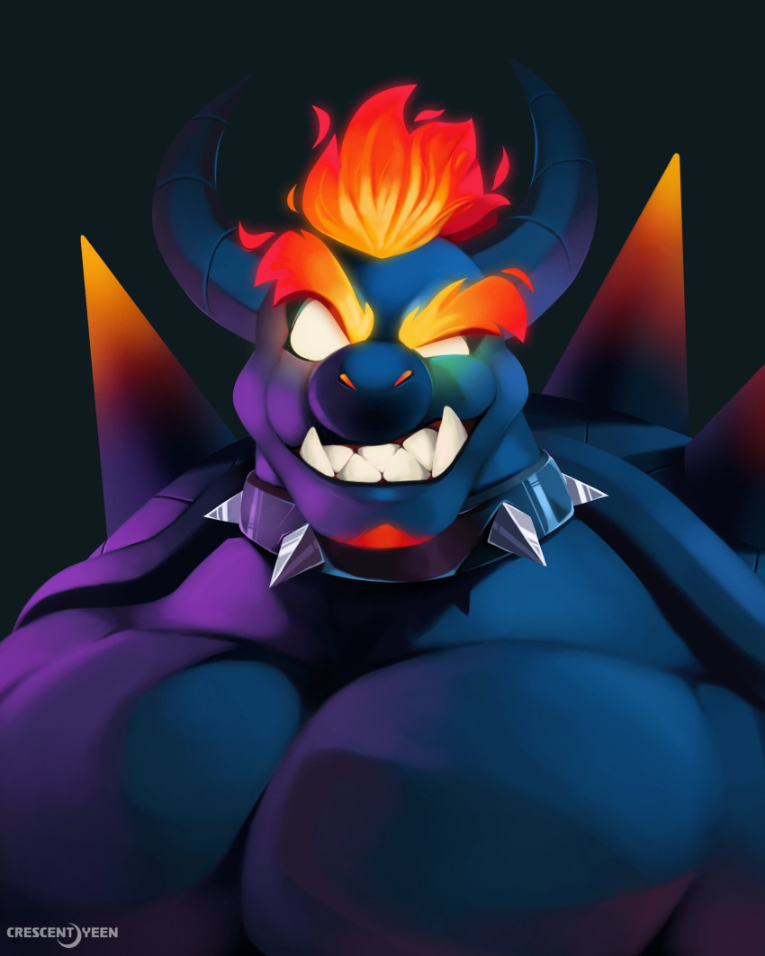 2021 anthro black_body bowser bowser's_fury bust_portrait collar crescent_yeen digital_media_(artwork) fire fury_bowser grin hair hi_res horn koopa looking_at_viewer male mario_bros muscular muscular_anthro muscular_male nintendo pecs portrait scalie sharp_teeth simple_background smile solo spikes teeth video_games white_eyes
