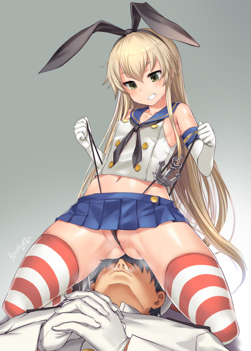 1boy 1girl admiral_(kancolle) anchor anchor_hair_ornament anus_peek ass bare_shoulders black_hairband black_neckwear black_panties blonde_hair blue_skirt blush bosshi breasts commentary_request crop_top elbow_gloves gloves grin hair_ornament hairband hetero highleg highleg_panties highres kantai_collection long_hair microskirt miniskirt navel open_mouth panties panty_pull pleated_skirt pussy_peek sailor_collar school_uniform serafuku shimakaze_(kancolle) sitting sitting_on_face sitting_on_person skirt small_breasts smile spread_legs steam steaming_body striped striped_legwear thighhighs thong underwear white_gloves