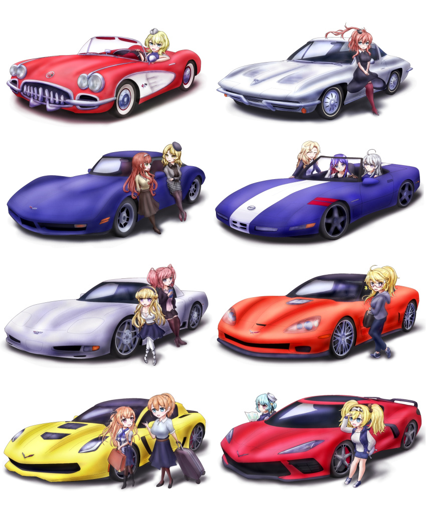 absurdres atlanta_(kancolle) car casual chevrolet_corvette colorado_(kancolle) fletcher_(kancolle) gambier_bay_(kancolle) glasses ground_vehicle helena_(kancolle) highres hood hoodie hornet_(kancolle) houston_(kancolle) intrepid_(kancolle) iowa_(kancolle) johnston_(kancolle) kantai_collection leaning_against_vehicle map motor_vehicle ponytail saratoga_(kancolle) shunaberu south_dakota_(azur_lane) star-shaped_pupils star_(symbol) suitcase symbol-shaped_pupils tagme washington_(kancolle)