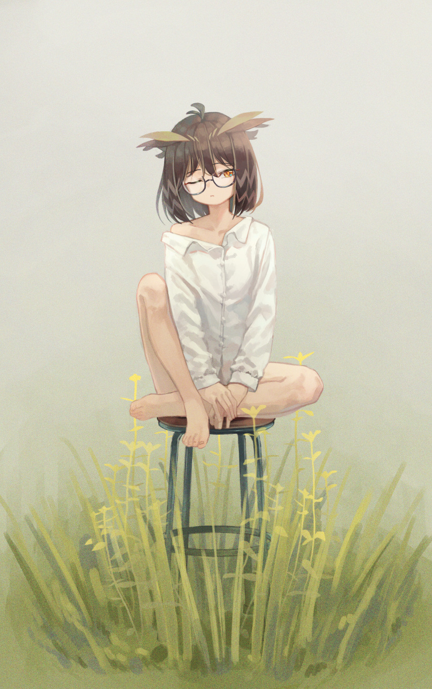 1girl absurdres ahoge arknights bangs bare_shoulders barefoot brown_hair chair closed_mouth collarbone collared_shirt eyebrows_visible_through_hair full_body glasses green_eyes hair_flaps hands_on_legs highres huge_filesize knee_up legs long_sleeves looking_away looking_to_the_side no_pants off_shoulder one_eye_closed plant semi-rimless_eyewear shirt short_hair sidelocks silence_(arknights) simple_background sitting solo white_shirt yoon_cook