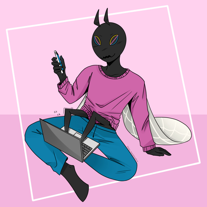 1:1 absurd_res anthro arthropod clothing daisy-marshmallow digital_media_(artwork) dipteran hi_res insect lounging male mandibles multi_arm multi_limb pink_clothing pink_shirt pink_topwear rob_(daisy-marshmallow) shirt solo topwear typing wings