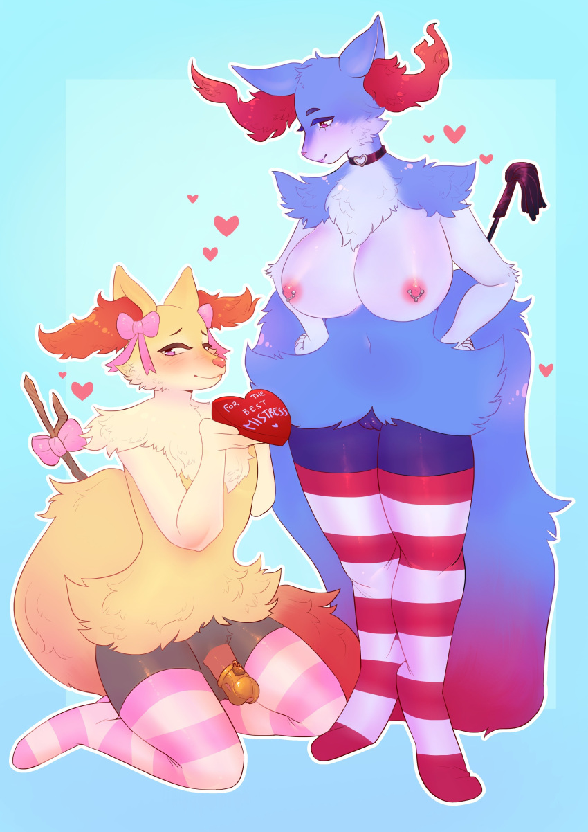 &lt;3 absurd_res anthro blush braixen breasts canid canine charles chastity_cage chastity_device clothing collar duo exposed_breasts female fluffy fluffy_tail fox genitals girly hi_res holidays kneeling legwear love male male/female mammal nintendo nipple_piercing nipples nude penis piercing pink_bow pink_stockings pok&eacute;mon pok&eacute;mon_(species) pussy red_clothing red_legwear red_stockings rena smile stick stockings valentine's_day vanillaneko_(artist) video_games whip