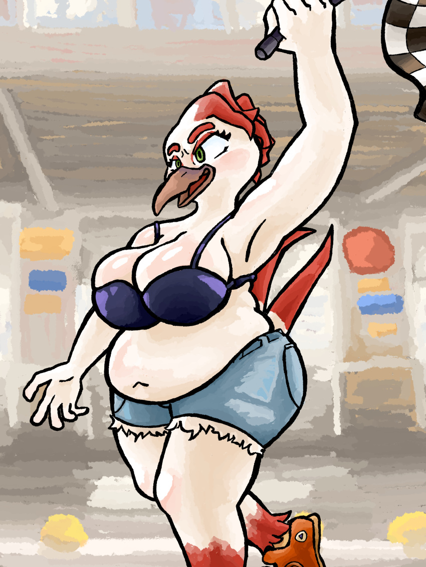 3:4 absurd_res anthro avian big_breasts bird blush bottomwear bra breasts butt checkered_flag clothing cutoffs denim denim_clothing female gallardo green_eyes hi_res non-mammal_breasts shorts slightly_chubby solo underwear