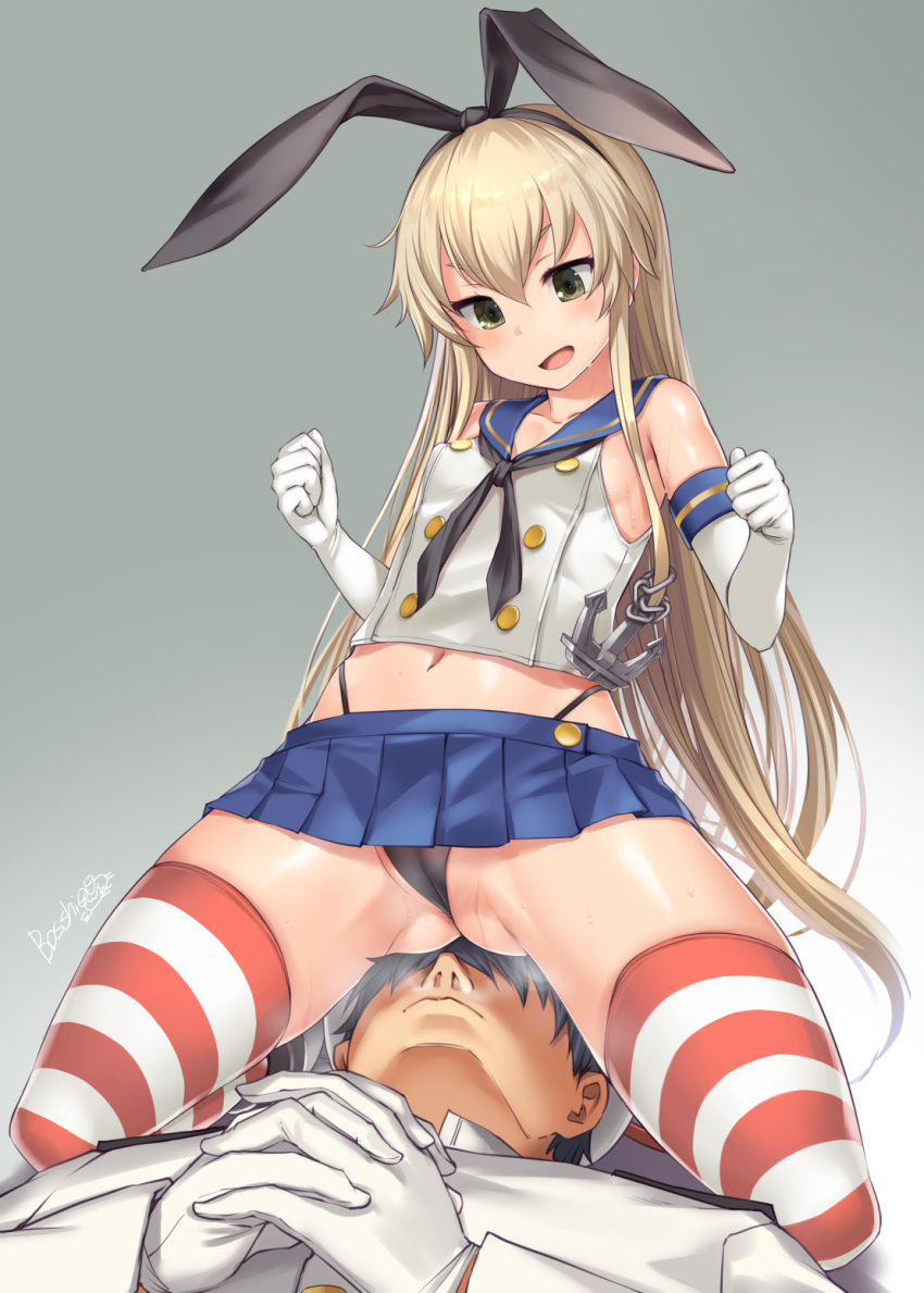 1boy 1girl admiral_(kancolle) anchor anchor_hair_ornament anus_peek ass bare_shoulders black_hairband black_neckwear black_panties blonde_hair blue_skirt blush bosshi breasts commentary_request crop_top elbow_gloves gloves green_eyes hair_ornament hairband hetero highleg highleg_panties highres kantai_collection long_hair microskirt miniskirt navel open_mouth panties pleated_skirt sailor_collar school_uniform serafuku shimakaze_(kancolle) sitting sitting_on_face sitting_on_person skirt small_breasts spread_legs steam steaming_body striped striped_legwear sweat thighhighs thong underwear white_gloves