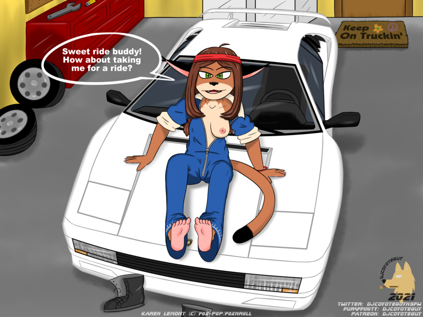 4:3 anthro areola barefoot breasts brown_body brown_fur brown_hair caracal caracal_(genus) clothing dialogue djcoyoteguy english_text felid feline female fur garage green_eyes hair hi_res jumpsuit karen_caracal lamborghini_countach mammal nipples solo speech_bubble sports_car text wardrobe_malfunction