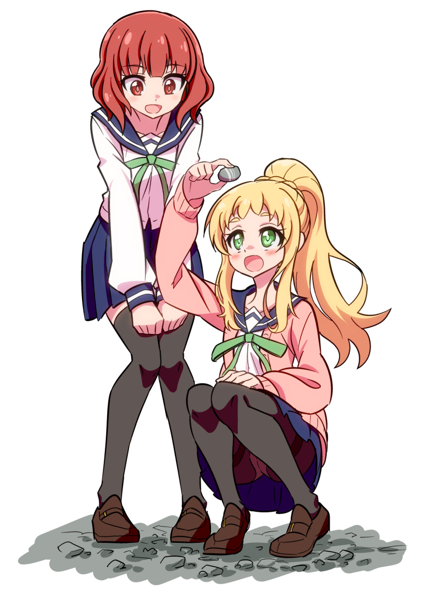 2girls :d bangs black_legwear blonde_hair blue_sailor_collar blue_skirt blunt_bangs blush brown_footwear cardigan eyebrows_visible_through_hair full_body green_eyes highres hiroshix31 inose_mai koisuru_asteroid long_hair long_sleeves looking_down looking_up multiple_girls open_mouth pink_cardigan ponytail red_hair sailor_collar sakurai_mikage school_uniform serafuku shoes short_hair simple_background skirt smile squatting thighhighs white_background