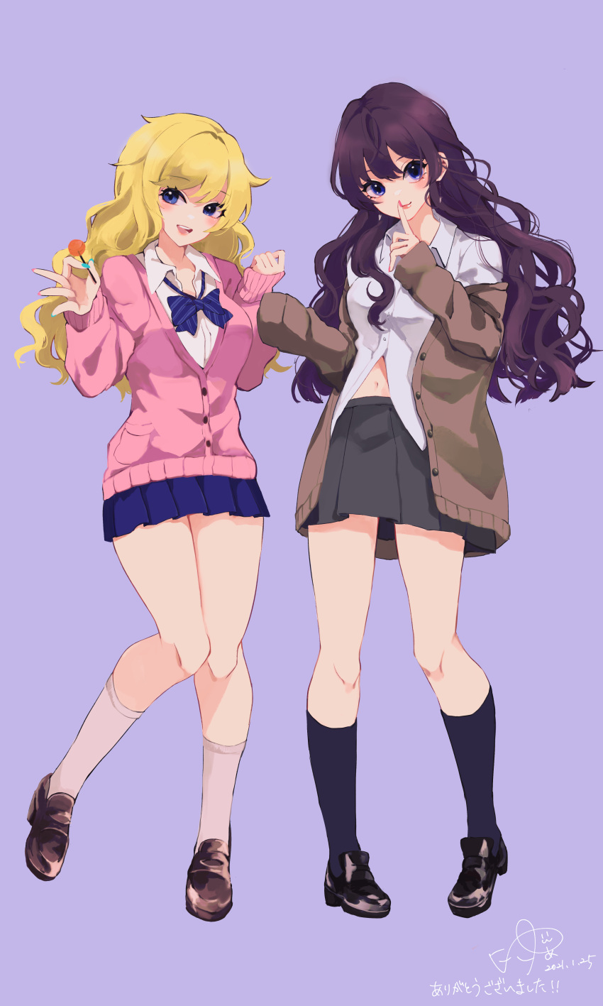 2girls absurdres black_footwear blonde_hair blue_eyes blue_legwear blue_skirt blush bow bowtie breasts brown_cardigan brown_footwear candy cardigan collared_shirt dress_shirt eyebrows_visible_through_hair finger_to_mouth food full_body hands_up head_tilt highres holding holding_food ichinose_shiki idolmaster idolmaster_cinderella_girls kneehighs knees knees_together_feet_apart kukiwakame leg_lift lipstick lollipop long_hair looking_at_viewer loose_neckwear makeup mary_janes medium_breasts miniskirt multicolored multicolored_nails multiple_girls nail_polish navel ootsuki_yui partially_unbuttoned pink_cardigan pleated_skirt purple_background purple_eyes purple_hair school_uniform shiny_footwear shirt shoes shushing signature simple_background skirt sleeves_past_fingers sleeves_past_wrists smile striped striped_neckwear tsurime wavy_hair white_legwear
