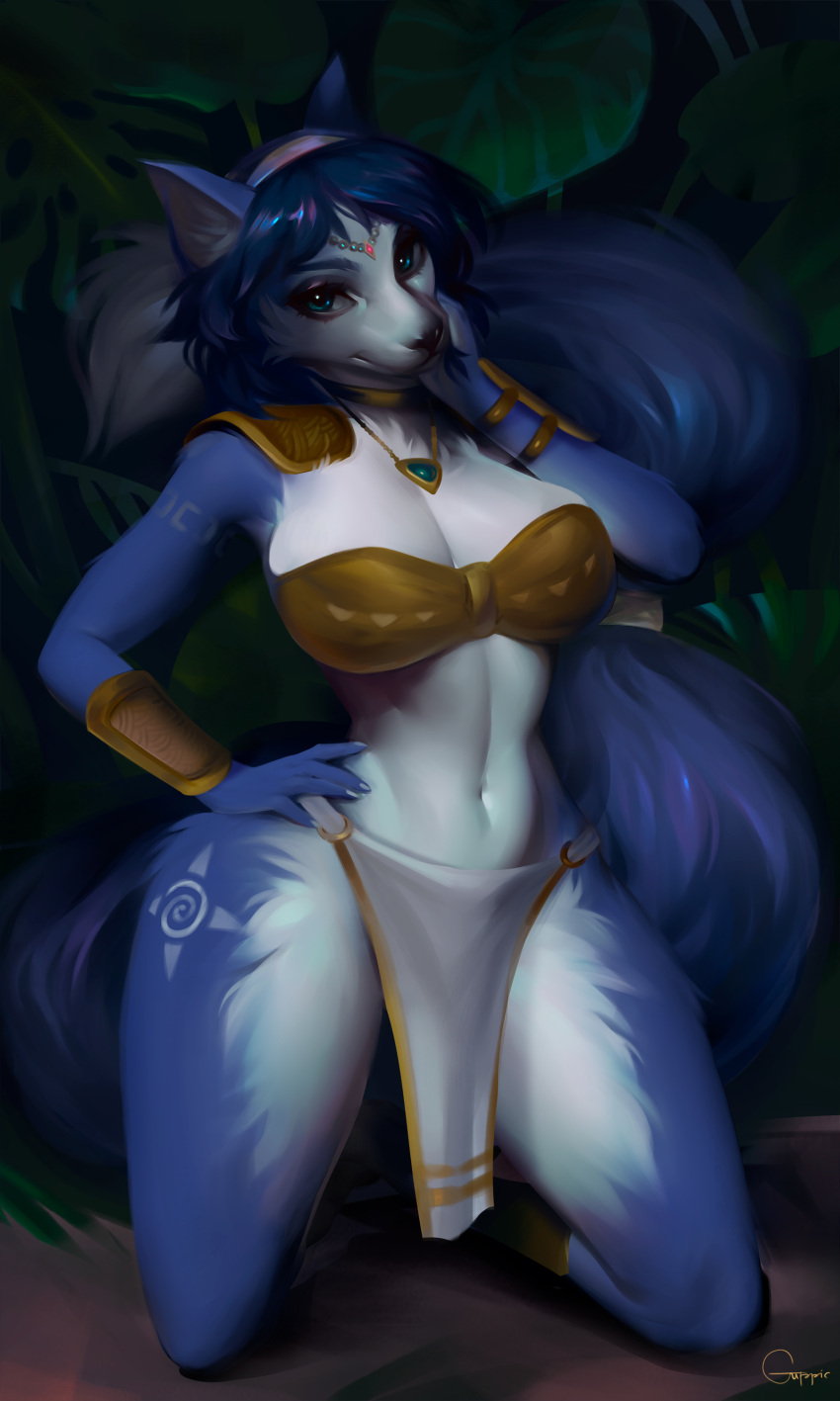 3:5 5_fingers absurd_res anthro bikini bikini_top black_nose blue_body blue_eyes blue_fur blue_hair bottomwear breasts canid canine clothing digital_media_(artwork) female fingers fox fur gem guppic hair hand_on_face hand_on_hip hi_res jewelry kneeling krystal loincloth looking_at_viewer mammal markings navel necklace nintendo outside shoulder_pads smile solo star_fox swimwear video_games white_body white_fur