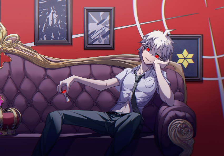 1boy ahoge apple apple_core black_pants breast_pocket bullet_print cheek_rest closed_mouth collarbone collared_shirt commentary_request couch crown danganronpa_(series) danganronpa_2:_goodbye_despair food fruit green_neckwear hands_up highres hinata_hajime hinata_hajime_(awakened) holding kamukura_izuru leaning_to_the_side looking_at_viewer male_focus navel necktie on_couch pale_skin pants pocket red_background red_eyes shirt short_hair sitting smile solo spoilers white_hair white_shirt ziling