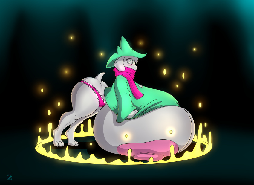 2018 3_toes absurd_res animal_humanoid anthro areola badgerben big_breasts big_butt bovid bovid_humanoid breasts butt caprine caprine_humanoid clothing clothing_pull deltarune dress eyewear feet female fur glasses goat goat_humanoid green_clothing green_dress green_hat green_headwear hat headgear headwear hi_res huge_breasts humanoid hyper hyper_breasts long_ears looking_down magic magic_circle mammal mammal_humanoid nipples panties pink_clothing pink_panties pink_scarf pink_underwear ralsei red_eyes scarf solo toes underwear video_games white_body white_fur wizard_hat