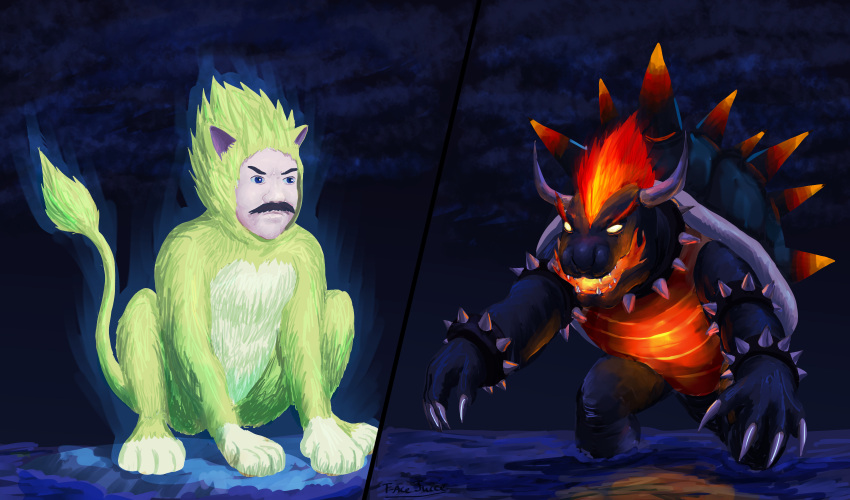 2021 absurd_res all_fours aura blue_body blue_eyes blue_scales bowser claws clothing cloud collar digital_media_(artwork) duo facial_hair feral fire fur fury_bowser glowing glowing_belly glowing_hair glowing_spikes hair hi_res horn human koopa male mammal mario mario_bros mustache nintendo red_hair scales scalie shell spikes t-ace_juice video_games water white_body white_fur yellow_body yellow_eyes yellow_fur