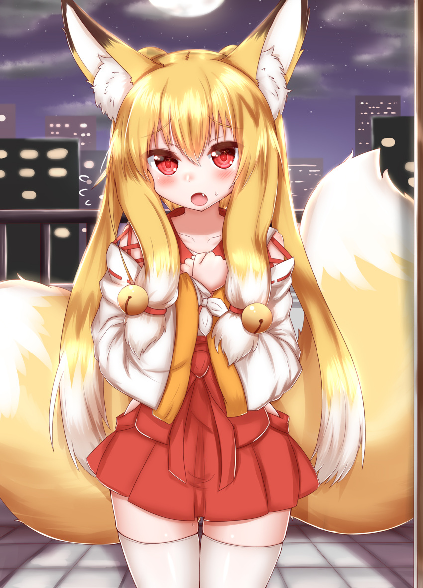 2020 absolute_territory accessory alternate_version_at_source animal_humanoid asian_clothing bell blonde_hair blush bodily_fluids brown_body brown_fur building canid canid_humanoid canine canine_humanoid clothed clothing cloud cute_fangs detailed_background dipstick_ears dipstick_tail east_asian_clothing female fluffy fluffy_tail flying_sweatdrops fox_humanoid fur glistening glistening_hair hair hair_accessory hi_res horokusa0519 humanoid inner_ear_fluff japanese_clothing jingle_bell legwear long_hair mammal mammal_humanoid miko_outfit moon multi_tail multicolored_body multicolored_ears multicolored_fur multicolored_hair multicolored_tail night open_mouth outside portrait red_clothing red_eyes sky solo star sweat sweatdrop thigh_highs three-quarter_portrait tongue tuft white_body white_clothing white_fur white_hair yellow_body yellow_fur