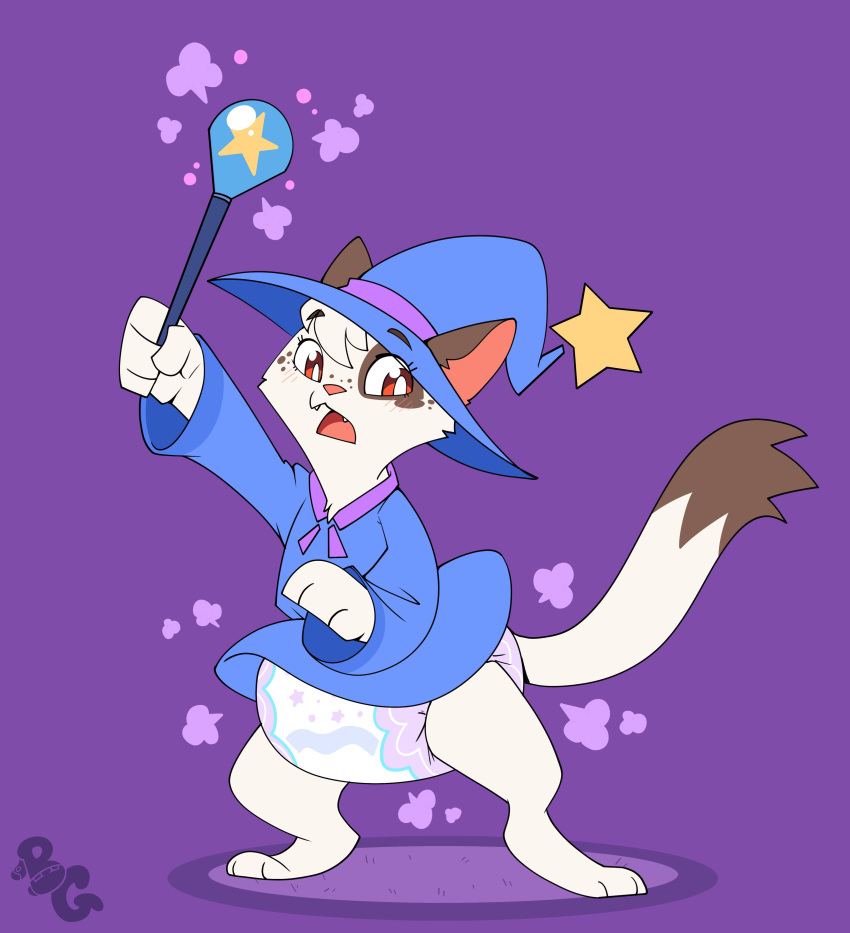 absurd_res ambiguous_gender anthro clothing cuddlehooves diaper domestic_cat felid feline felis freckles hat headgear headwear hi_res magic magic_user magic_wand mammal open_mouth poof robe solo spell_casting standing star surprise teeth watermark wizard_hat wizard_robe