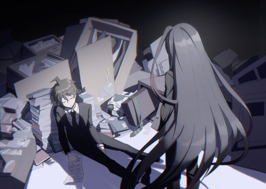 2boys ahoge bangs black_hair black_jacket black_neckwear black_pants book book_stack brown_hair closed_eyes collared_shirt danganronpa_(series) danganronpa_3_(anime) facing_another formal from_behind highres hinata_hajime holding jacket kamukura_izuru long_hair long_sleeves male_focus multiple_boys necktie on_ground pants paper papers shelf shirt short_hair sitting spoilers standing suit very_long_hair white_shirt ziling