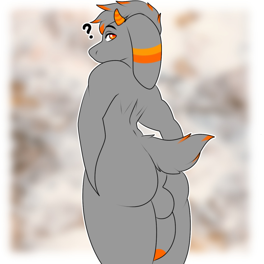 ? anthro balls bovid brokenvocaloid butt butt_focus caprine floppy_ears fur genitals goat grey_body grey_fur gusta_(gusta) hair hi_res horn looking_at_viewer looking_back looking_back_at_viewer male mammal nude orange_eyes orange_horn orange_stripes outline penis simple_background solo stripes tail_tuft tuft