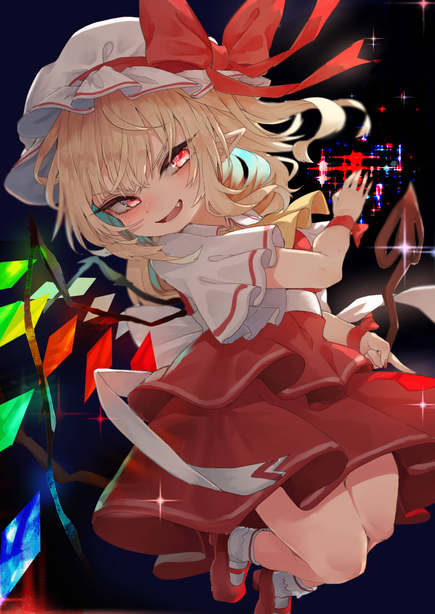 1girl absurdres bangs blonde_hair blush bobby_socks bow crystal eyebrows_visible_through_hair fang flandre_scarlet foot_out_of_frame glint hat hat_bow highres laevatein legs_together long_hair looking_to_the_side mary_janes mob_cap murayo one_side_up open_mouth pointy_ears red_bow red_eyes red_footwear red_skirt red_vest ribbon shoes short_sleeves skirt skirt_set smile socks solo sparkle touhou v-shaped_eyebrows vest white_headwear white_legwear white_ribbon wide_sleeves wings wristband