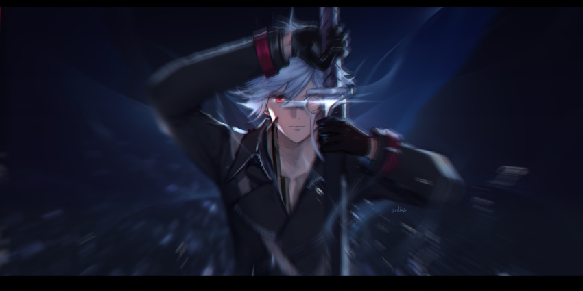 1boy black_gloves black_jacket blurry closed_mouth crow_armbrust eiyuu_densetsu gloves highres holding holding_sheath holding_sword holding_weapon jacket long_sleeves looking_at_viewer male_focus red_eyes sen_no_kiseki sheath short_hair signature silver_hair solo swd3e2 sword unsheathing weapon