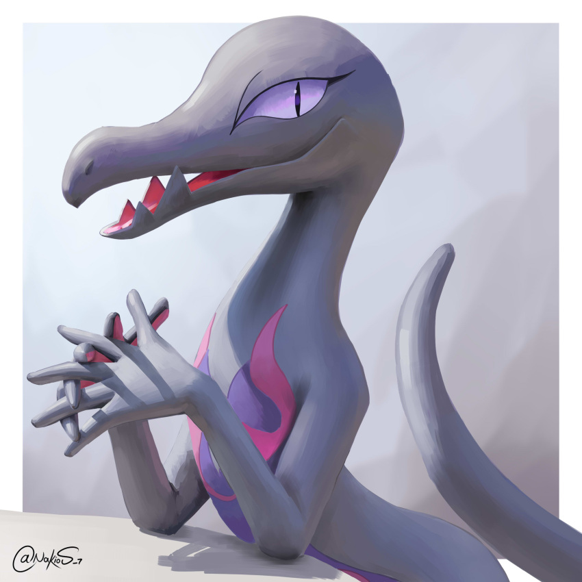 2019 5_fingers absurd_res anthro black_pupils border colored digital_media_(artwork) digital_painting_(artwork) eyelashes fangs female fingers grey_background grey_body grey_tail half-length_portrait hi_res interlocked_fingers light lighting looking_at_viewer multicolored_body nakios nintendo no_sclera one_eye_obstructed open_mouth open_smile outside_border pink_body pok&eacute;mon pok&eacute;mon_(species) portrait pupils purple_body purple_eyes salazzle shaded side_view signature simple_background slit_pupils smile snout solo standing textured_background three-quarter_view video_games white_border