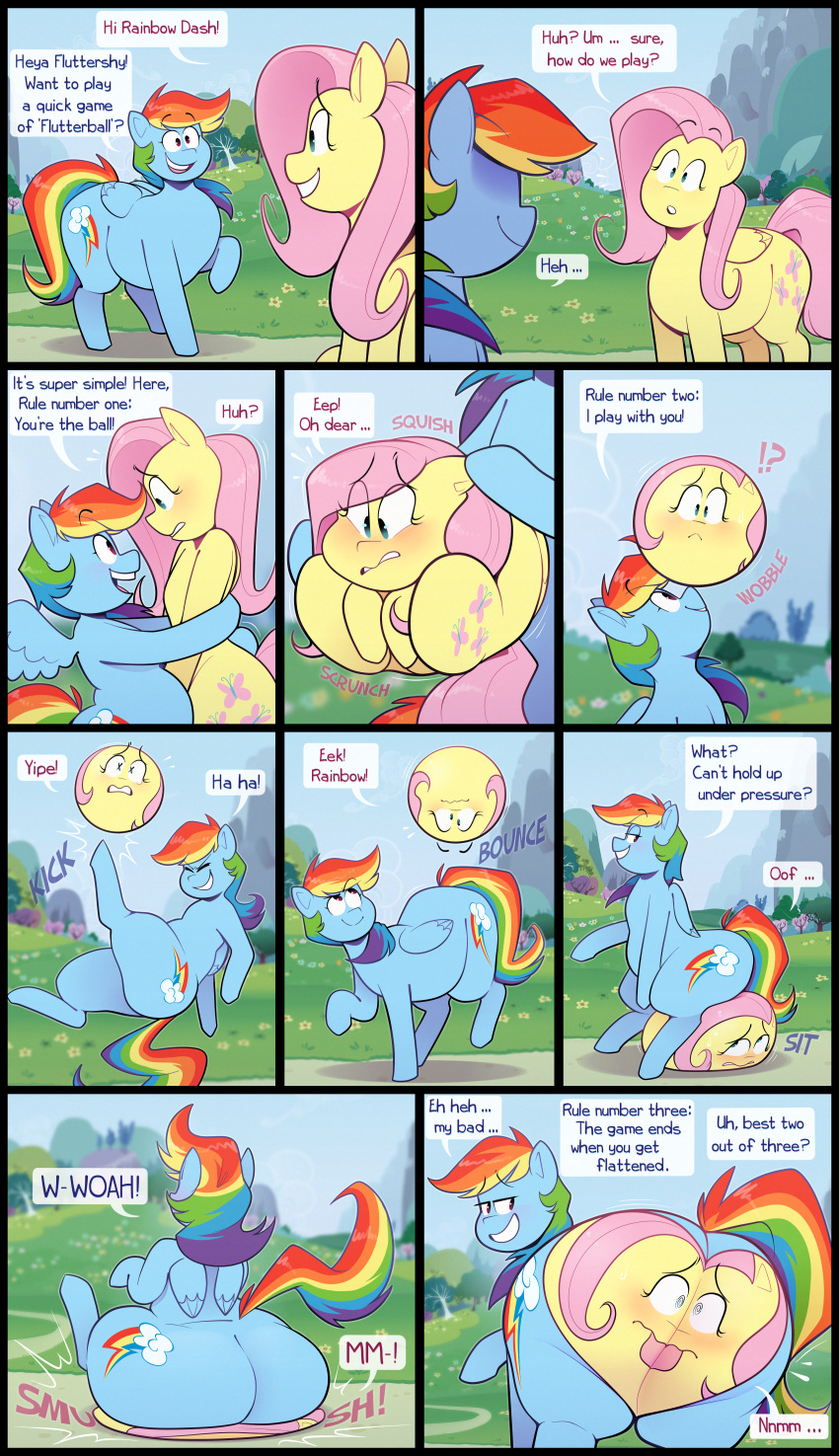 absurd_res big_butt butt comic dialogue duo equid equine female female/female feral fluttershy_(mlp) friendship_is_magic hasbro hi_res huge_butt looking_back mammal my_little_pony pegasus rainbow_dash_(mlp) ridiculouscake tongue tongue_out what why wings