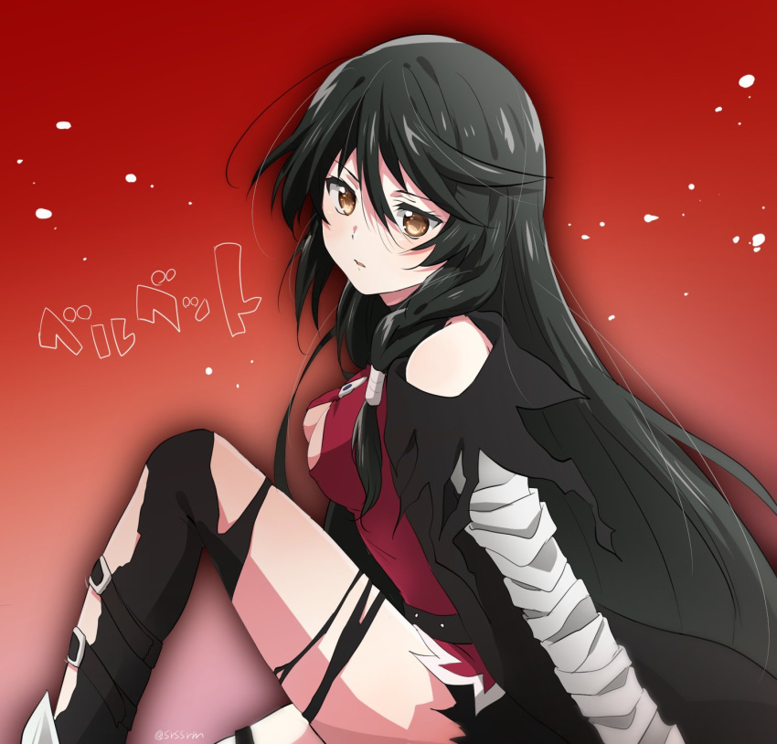 1girl bandaged_arm bandages bangs black_hair black_legwear breasts cleavage cleavage_cutout clothing_cutout from_side gradient gradient_background hair_between_eyes highres long_hair medium_breasts parted_lips red_background red_shirt shiny shiny_hair shirt sitting solo srssrm tales_of_(series) tales_of_berseria thighhighs torn_clothes torn_legwear velvet_crowe very_long_hair yellow_eyes