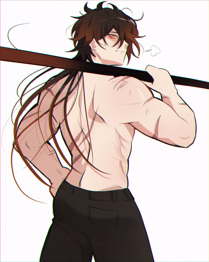 1boy bangs black_hair brown_hair closed_mouth cuts from_behind genshin_impact hand_on_hip highres holding holding_polearm holding_spear holding_weapon injury kingidol long_hair looking_at_viewer male_focus multicolored_hair muscular muscular_male over_shoulder polearm scar scar_on_arm shirtless simple_background solo spear weapon weapon_over_shoulder white_background zhongli_(genshin_impact)