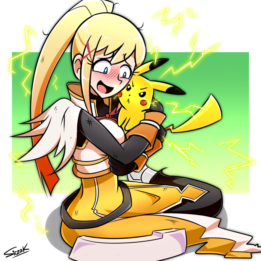 1girl angry armor armored_dress blonde_hair blue_eyes blush crossover darkness darkness_(konosuba) dress electricity gen_1_pokemon hair_ornament hairclip happy highres holding hug kono_subarashii_sekai_ni_shukufuku_wo! long_hair masochism pikachu pokemon pokemon_(creature) pokemon_(game) ponytail scorch_marks siczak sitting yellow_dress