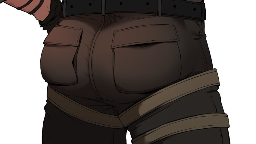 1boy ass ass_focus bara beard brown_pants close-up facial_hair from_behind harness highres holmy_(holmesdmode) leather_belt male_focus pants rainbow_six_siege simple_background solo thatcher_(rainbow_six_siege) tight tight_pants white_background