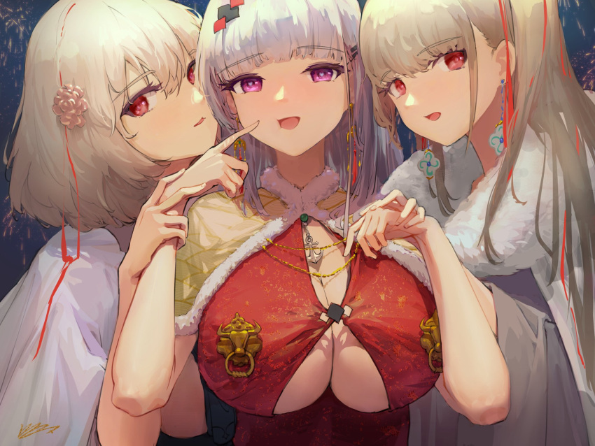 3girls anchor_necklace azur_lane breasts cape capelet dido_(azur_lane) dress earrings eyebrows_visible_through_hair fireworks flower formidable_(azur_lane) fur-trimmed_capelet fur_trim hair_flower hair_ornament highres huge_breasts jewelry kioroshin light_purple_hair long_hair looking_at_viewer looking_to_the_side medium_hair multiple_girls open_mouth platinum_blonde_hair purple_eyes red_dress red_eyes sirius_(azur_lane) underboob upper_body very_long_hair white_cape white_hair yellow_capelet