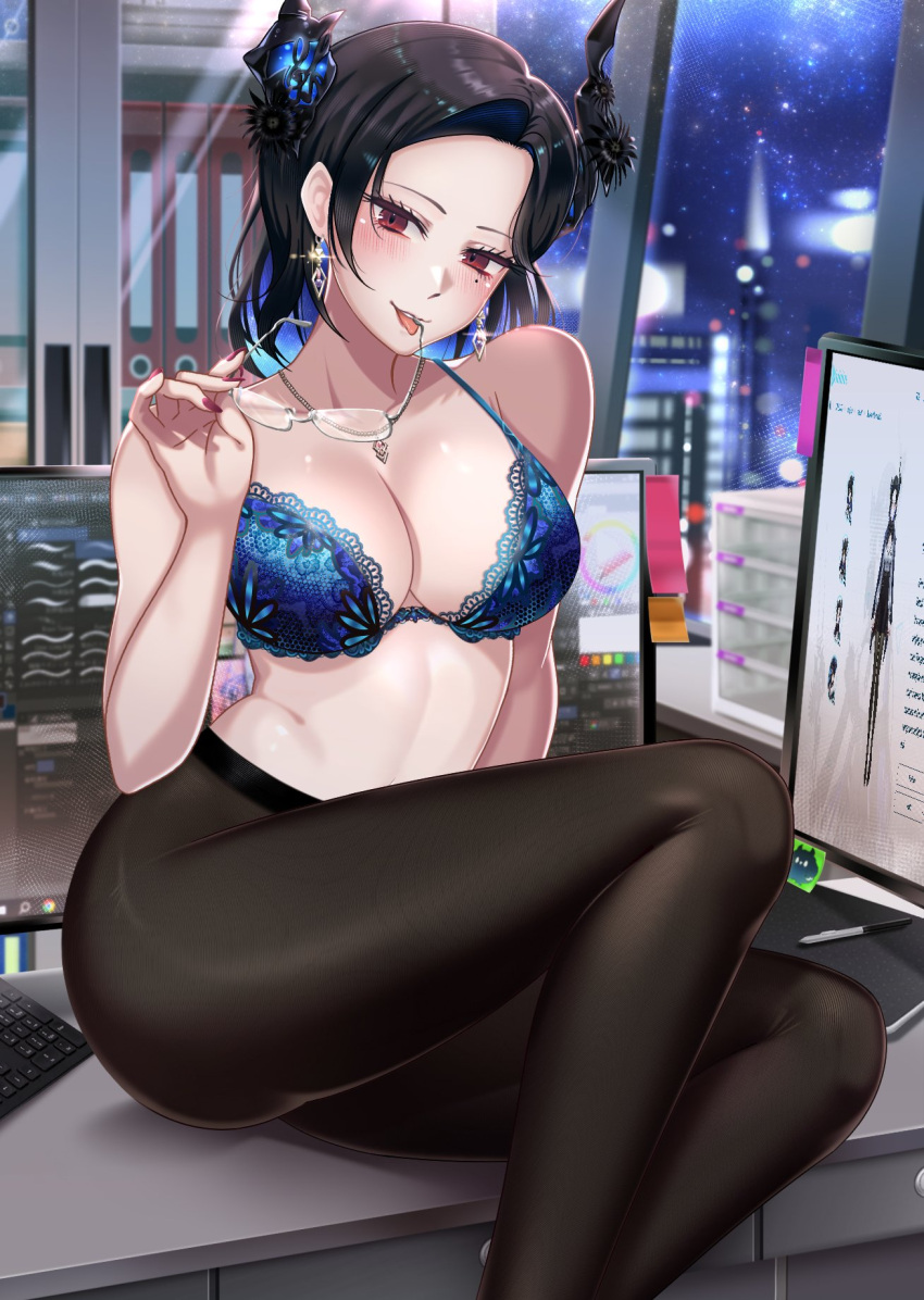1girl adapted_costume black_hair black_horns black_pantyhose blue_bra blue_hair bra breasts colored_inner_hair computer_keyboard desk earrings english_commentary glasses highres holding holding_removed_eyewear hololive hololive_english horns jailbird_(nerissa_ravencroft) jewelry large_breasts liyan1112 mole mole_under_eye monitor multicolored_hair necklace nerissa_ravencroft nerissa_ravencroft_(casual) on_desk pantyhose pen red_eyes red_nails sitting solo underwear unworn_eyewear virtual_youtuber window