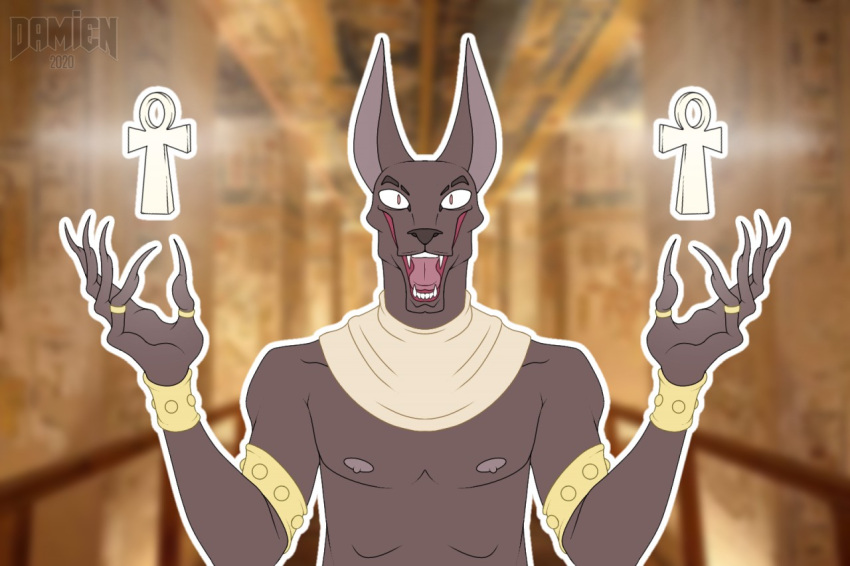 2020 5_fingers ankh anthro anubian_jackal anubis arm_cuffs canid canine canis claws clothed clothing colored_nails deity demondoggodamien digit_ring digital_media_(artwork) egyptian egyptian_god egyptian_mythology eyebrow_slits fangs finger_ring fingernails fingers fur gold_(metal) gold_jewelry hand_fetish jackal jewelry long_claws long_fingernails looking_at_viewer male mammal middle_eastern_mythology mythology nails nipples open_mouth paws peace_symbol ring ring_(jewelry) shackles signature smile solo splayed_fingers talons teeth tongue wrist_cuff
